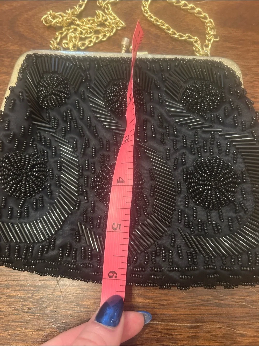 La Regale Vintage Black Beaded Evening Clutch with Gold Chain Strap